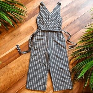 LOFT Gray & White Striped Linen Blend Jumpsuit - Size 4 - Pockets